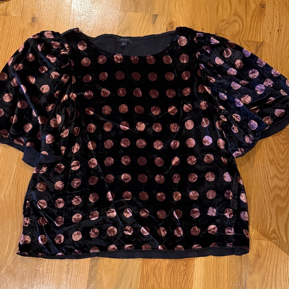 Ann Taylor Velvet Blouse with bronze Polka Dots medium